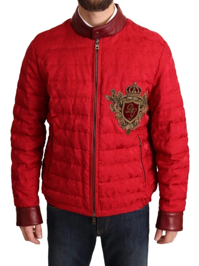 Dolce & Gabbana Red Brocade Bomber Gold Crown Logo Coat Jacket