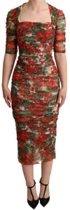 DOLCE & GABBANA RED FLORAL PRINT TULLE SHEATH MIDI DRESS