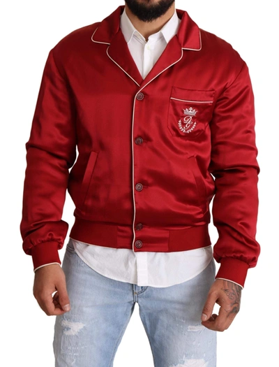 Dolce & Gabbana Red Silk Button Dg Logo Bomber Jacket