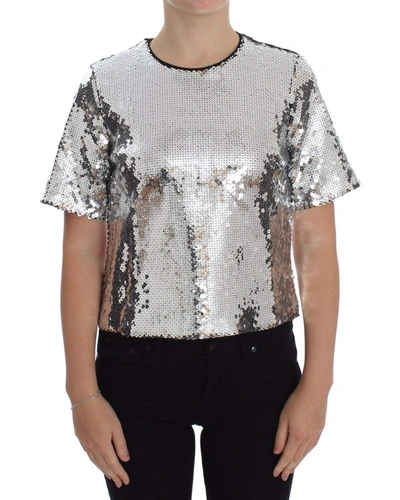 Dolce & Gabbana Silver Sequined Crewneck Blouse T-shirt Top