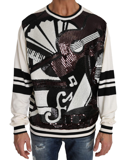 Dolce & Gabbana White Jazz Sequined Guitar Pullover Top Sweater In Black/white