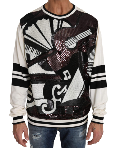 Dolce & Gabbana White Jazz Sequined Guitar Pullover Top Jumper In Black