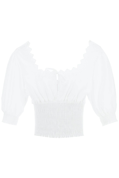 Erl Cropped Shirred Broderie Anglaise Cotton-poplin Top In White