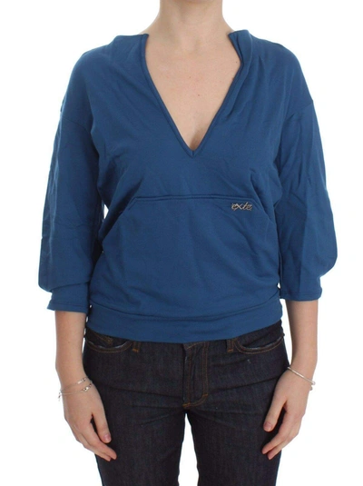 Exte Blue Cotton Top Pullover Deep V-neck Women Sweater