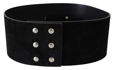 Gf Ferre' Black Leather Wide Silver Logo Design Buckle Belt