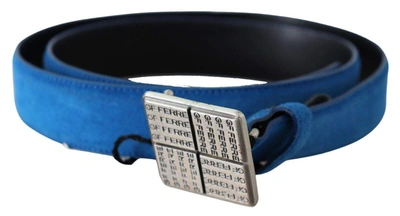 Gf Ferre' Blue Leather Silver Square Logo Buckle Waist Belt