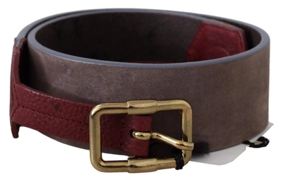 Gf Ferre' Brown Leather Wide Gold Chrome Logo Buckle Belt