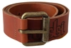 Just Cavalli Brown Leather Logo Bronze Rustic Metal Buckle Belt In Brown