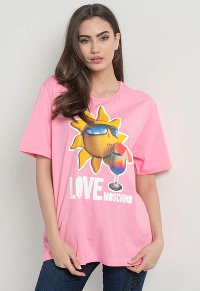 Love Moschino Logo Printed Round Neck  Tops & T-shirt In Pink