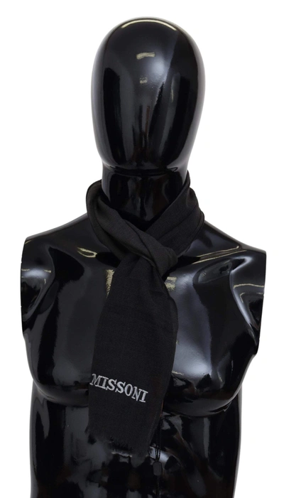 Missoni Black Wool Unisex Neck Wrap Shawl Fringes Logo Scarf In Gray