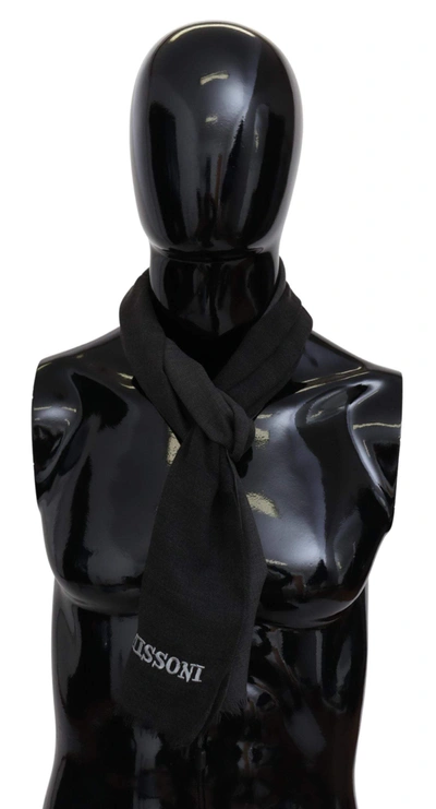 Missoni Gray Wool Unisex Neck Wrap Shawl Fringes Logo Scarf In Black