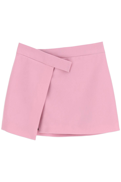 Attico Cloe Asymmetric Wool-blend Twill Mini Wrap Skirt In Pink