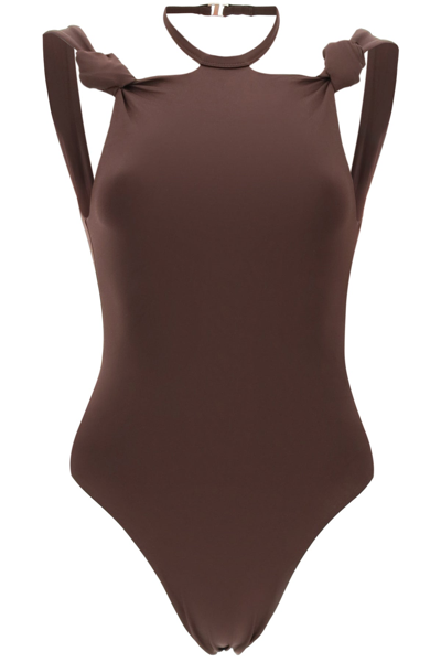 Attico One-piece Swimsuit With Knots In Brown