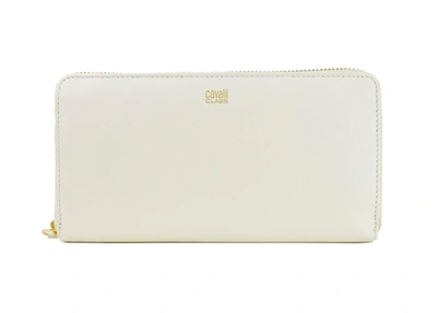 Cavalli Class White Calf Leather Zip Closure Wallet In Bianco