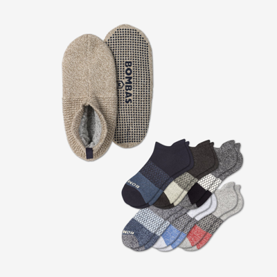 Bombas Gripper Slipper & Tri-block Ankle Socks 7-pack In Taupe Mix