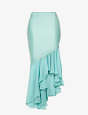 House Of Cb Ruffle Asymmetric Hem Satin Midi Skirt In Jade