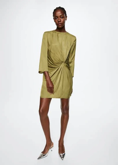 mango satin dress with knot Mango Knot Long Sleeve Satin Dress In Emerald Green - 40% Off