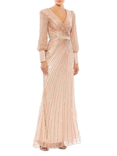 Mac Duggal Sequined Wrap Over Bishop Sleeve Gown In Copper