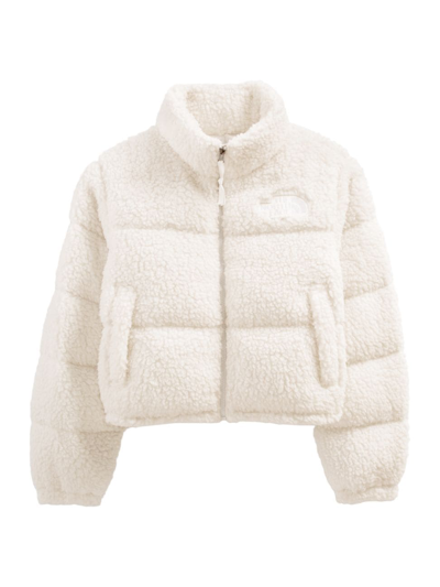 The North Face Nuptse Cropped Leopard Print Jacket In White-grey