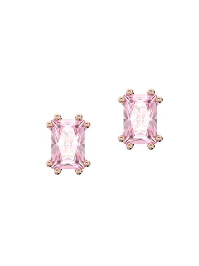 Swarovski Rose Gold-tone Colour Cushion-cut Crystal Stud Earrings In Pink
