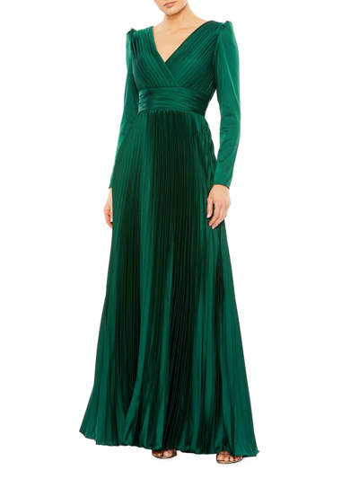 Mac Duggal Pleated Long Sleeve Chiffon A-line Gown In Emerald