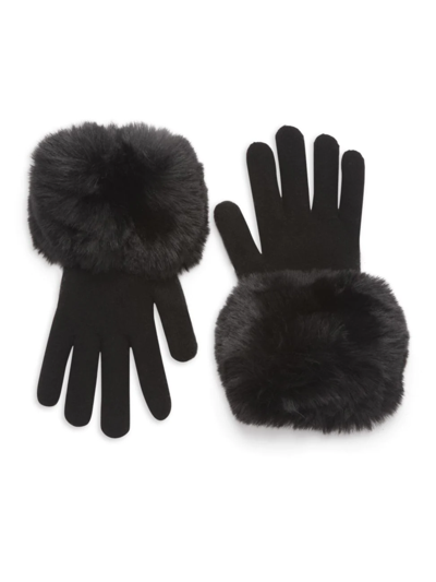 Adrienne Landau Faux Fur Trimmed Knit Gloves In Black