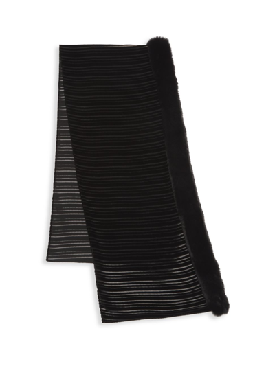 Adrienne Landau Faux-fur-trim Silk Stripe Burn Out Scarf In Black