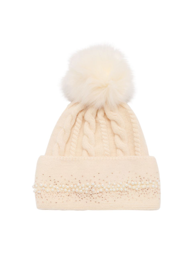 Adrienne Landau Faux Fur Pom Knit Embellished Hat In Cream