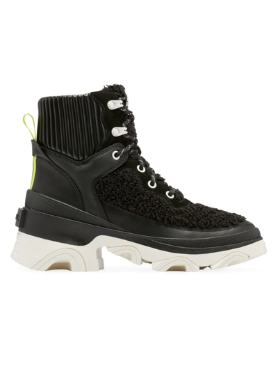 Sorel Brex™ Leather & Faux Shearling Block Heel Lace-up Bootie In Black Sea Salt