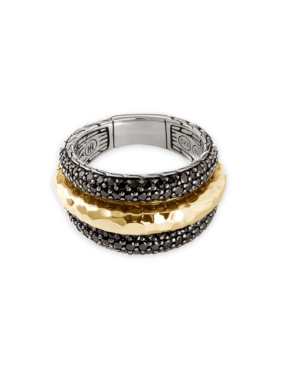 John Hardy 18k Yellow Gold & Hammered Silver Chain Classic Black Sapphire & Black Spinel Ring In Black/gold