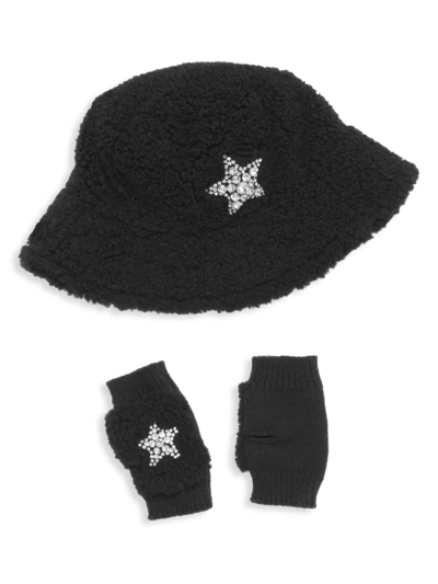 Jocelyn Kids' Girl's Faux Sherpa Star Bucket Hat & Fingerless Gloves Set In Black