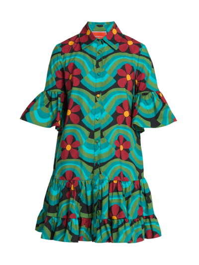 La Doublej Choux Wavy Floral-print Tiered Shirtdress In Azzurro