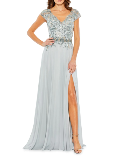 Mac Duggal Blue Embellished Chiffon Cap Sleeve A-line Gown In Us 10