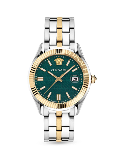 Versace Greca Logo Two-tone Stainless Steel Bracelet Watch In Ip Yellow Gold,stainless Steel