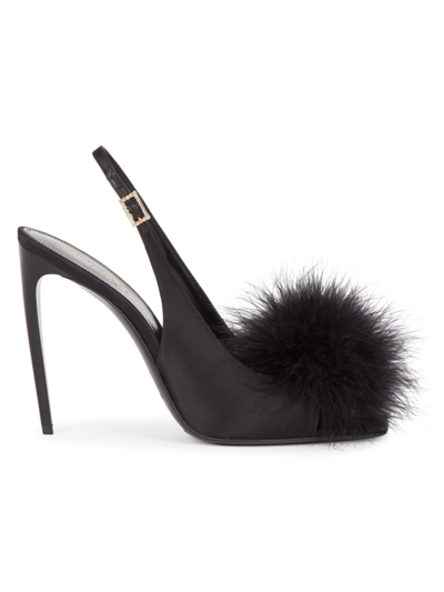Saint Laurent Women's Mae Slingback Sandals In Crepe Satin With Feathers In Nero