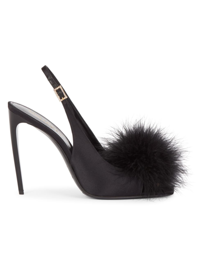 Saint Laurent Mae Slingback Sandals In Crepe Satin With Feathers In Nero