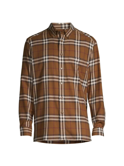 Burberry Button-down Collar Check Cotton Flannel Shirt In Dark Birch Brown Check