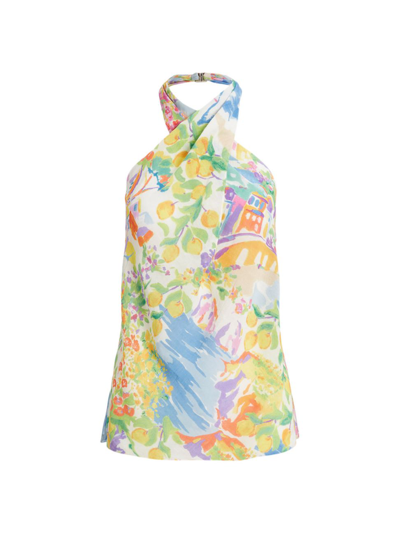 Ralph Lauren Darby Painting-print Crossover Halter Voile Blouse In Yellow/blue Multi