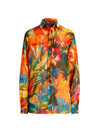Ralph Lauren Adrien Tropical-print Collared Linen Shirt In Orange