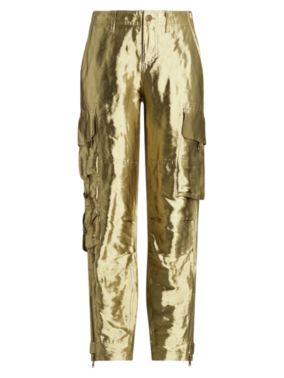 Ralph Lauren Mitchell Metallic Lame Slim-leg Ankle Cargo Pants In Platinum