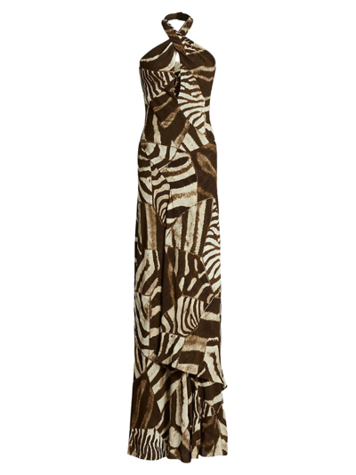 Ralph Lauren Niccola Animal-print Crossover Halter Gown In Brown/cream Multi