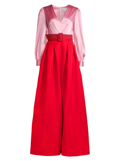 Sachin & Babi Zoe Belted Long-sleeve Pleated Gown In Red