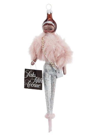 De Carlini Soffieria  Fur Jacket, Metallic Pants & Saks Bag Ornament In Neutral