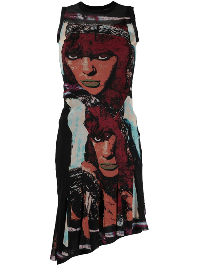 Pre-owned Jean Paul Gaultier 1990s Graphic-print Asymmetric Sleeveless Dress In Black