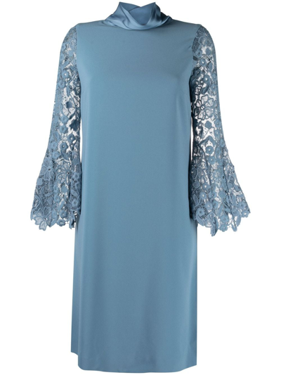 D.exterior Lace-sleeve High-neck Dress In Blue