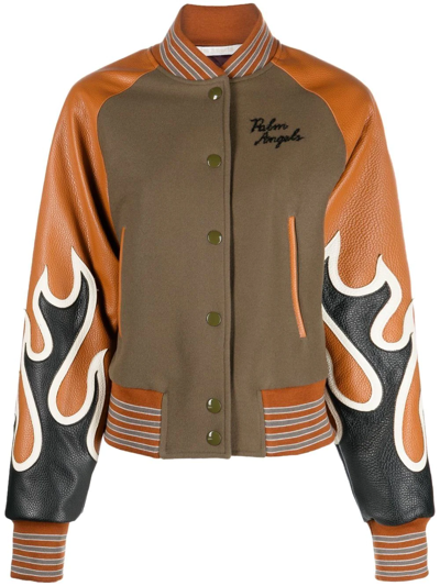 Palm Angels Burning Flames Leather Varsity Jacket In Brown
