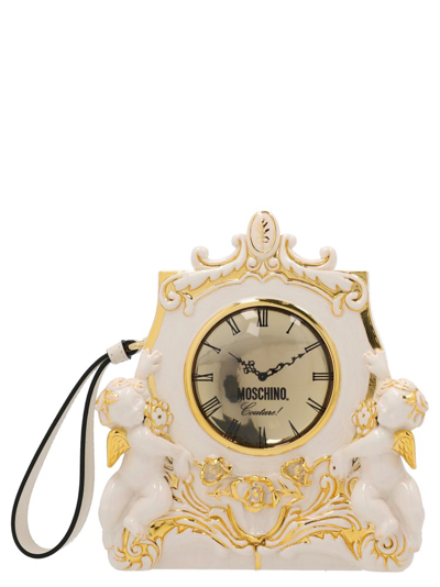 Moschino Clock Sculpted Clasp Fastened Clutch Bag In White