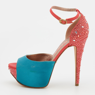 Pre-owned Gina Turquoise/red Satin And Canvas Crystal Embellished Platform Ankle Strap Sandals Size 39 In Blue