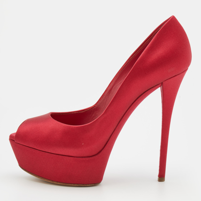 Pre-owned Casadei Red Satin Peep Toe Platform Pumps Size 37.5