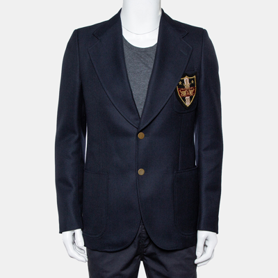 Pre-owned Gucci Navy Blue Wool & Mohair Chateau Marmont Embroidered Button Front Blazer M